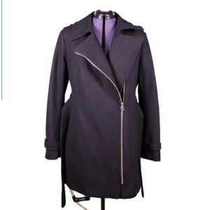 Michael Kors Black Wool Blend Coat Women’s L Asymmetrical Zip Belted Moto Jacket